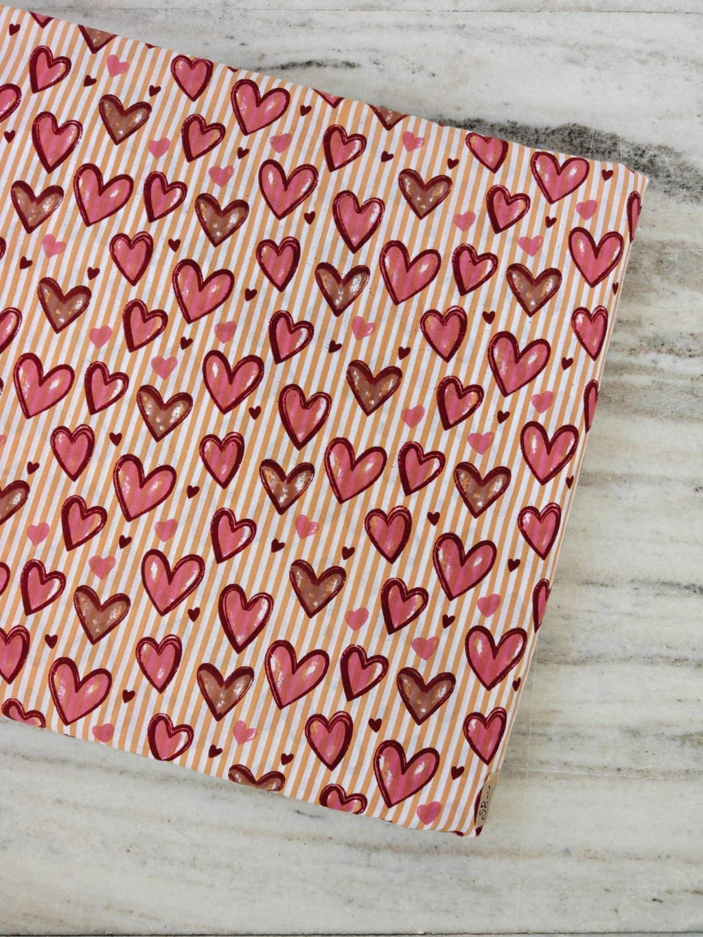 Pink Heart Cotton Fabric, Red and Blush Hearts on Cream Stripes, Romantic Valentine Fabric, Cute Love Print Quilting Sewing Fabric