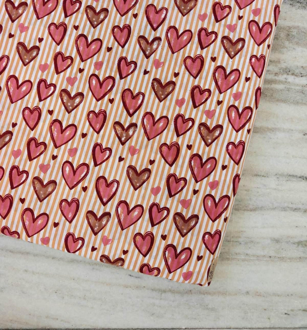 Pink Heart Cotton Fabric, Red and Blush Hearts on Cream Stripes, Romantic Valentine Fabric, Cute Love Print Quilting Sewing Fabric