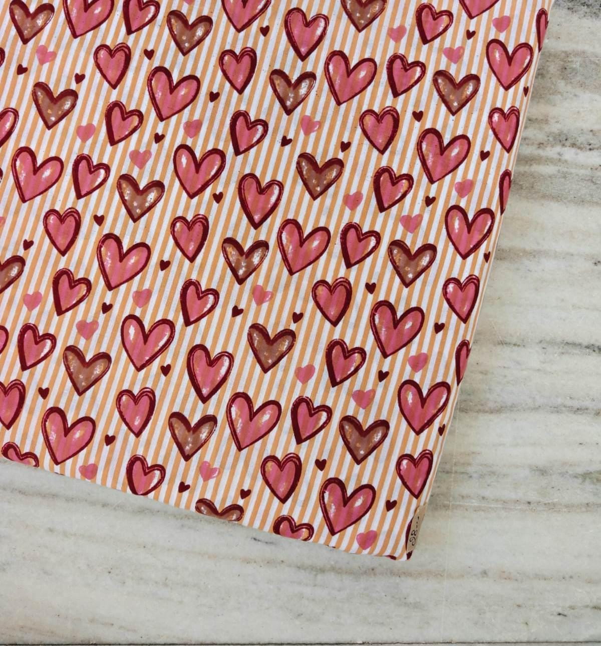 Pink Heart Cotton Fabric, Red and Blush Hearts on Cream Stripes, Romantic Valentine Fabric, Cute Love Print Quilting Sewing Fabric