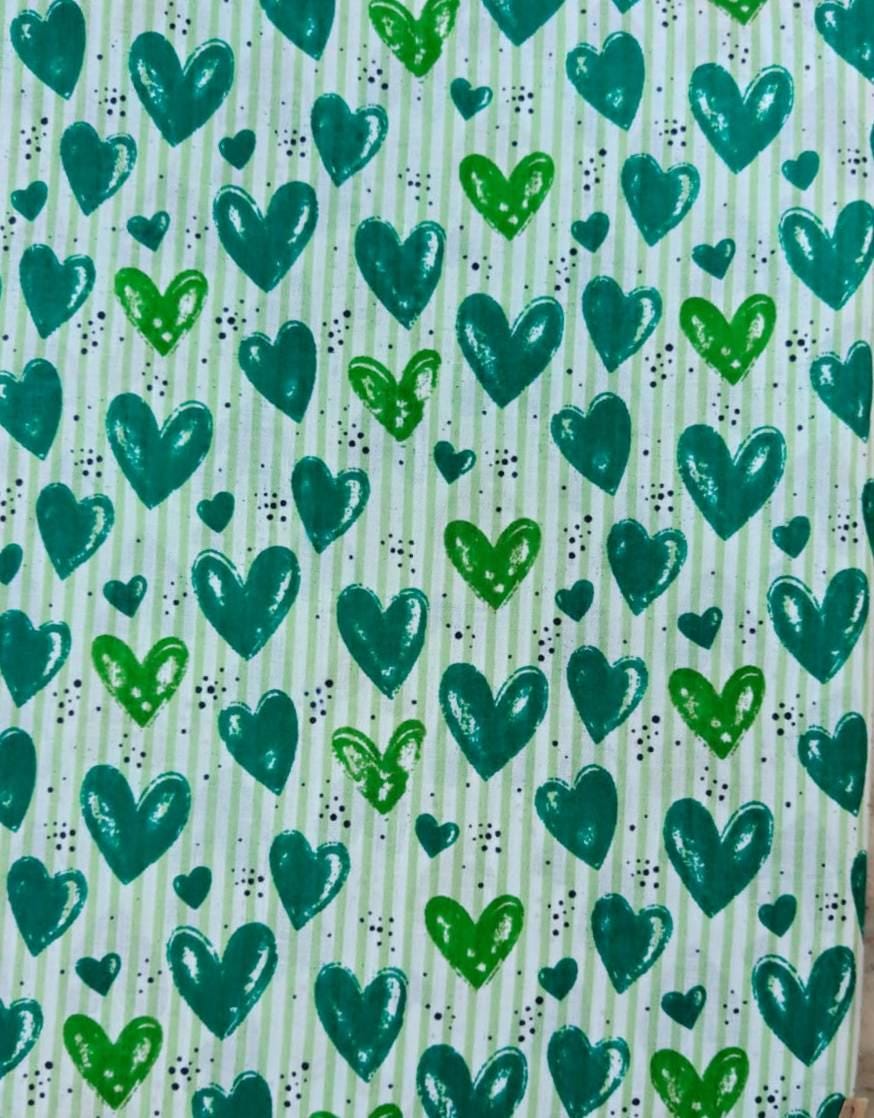 Green Heart Stripe Cotton Fabric, Cute Hearts on Mint Green Stripes, Quilting & Sewing Fabric, Romantic Valentine Fabric, Dressmaking Fabric