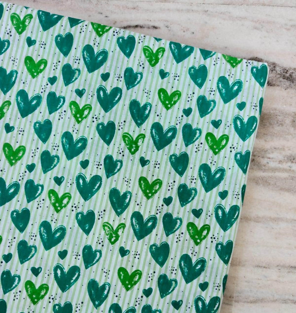 Green Heart Stripe Cotton Fabric, Cute Hearts on Mint Green Stripes, Quilting & Sewing Fabric, Romantic Valentine Fabric, Dressmaking Fabric