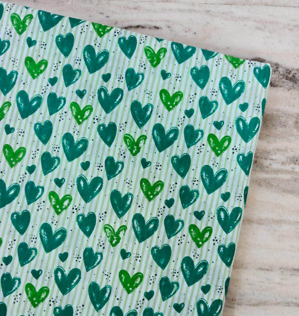 Green Heart Stripe Cotton Fabric, Cute Hearts on Mint Green Stripes, Quilting & Sewing Fabric, Romantic Valentine Fabric, Dressmaking Fabric