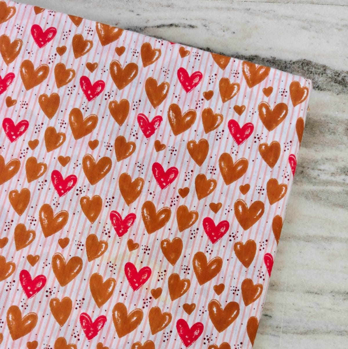 Pink Brown Heart Stripe Cotton Fabric, Cute Heart Print on Blush Pink Stripes,  Romantic Valentine Fabric, Dressmaking Fabric