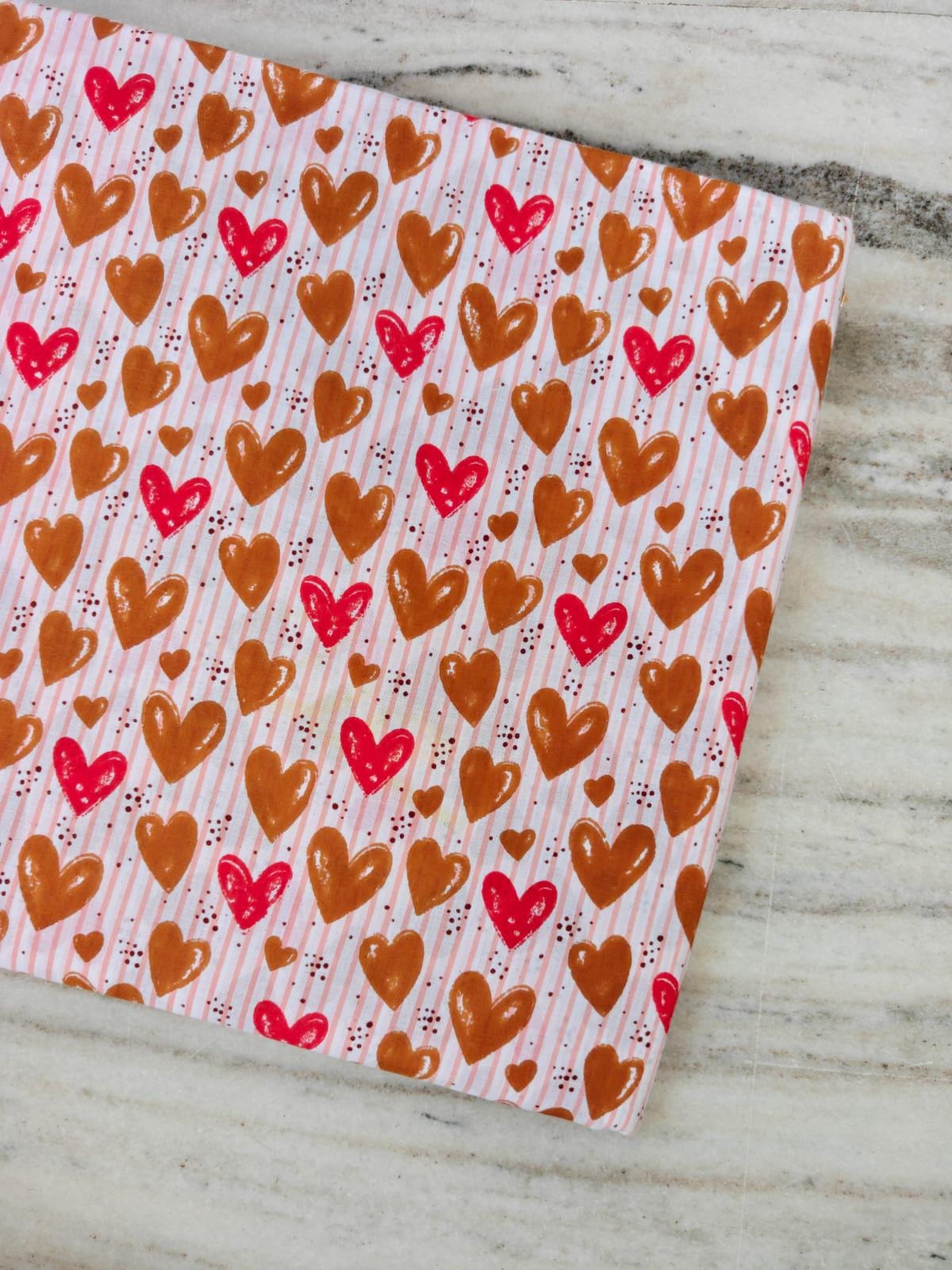 Pink Brown Heart Stripe Cotton Fabric, Cute Heart Print on Blush Pink Stripes,  Romantic Valentine Fabric, Dressmaking Fabric