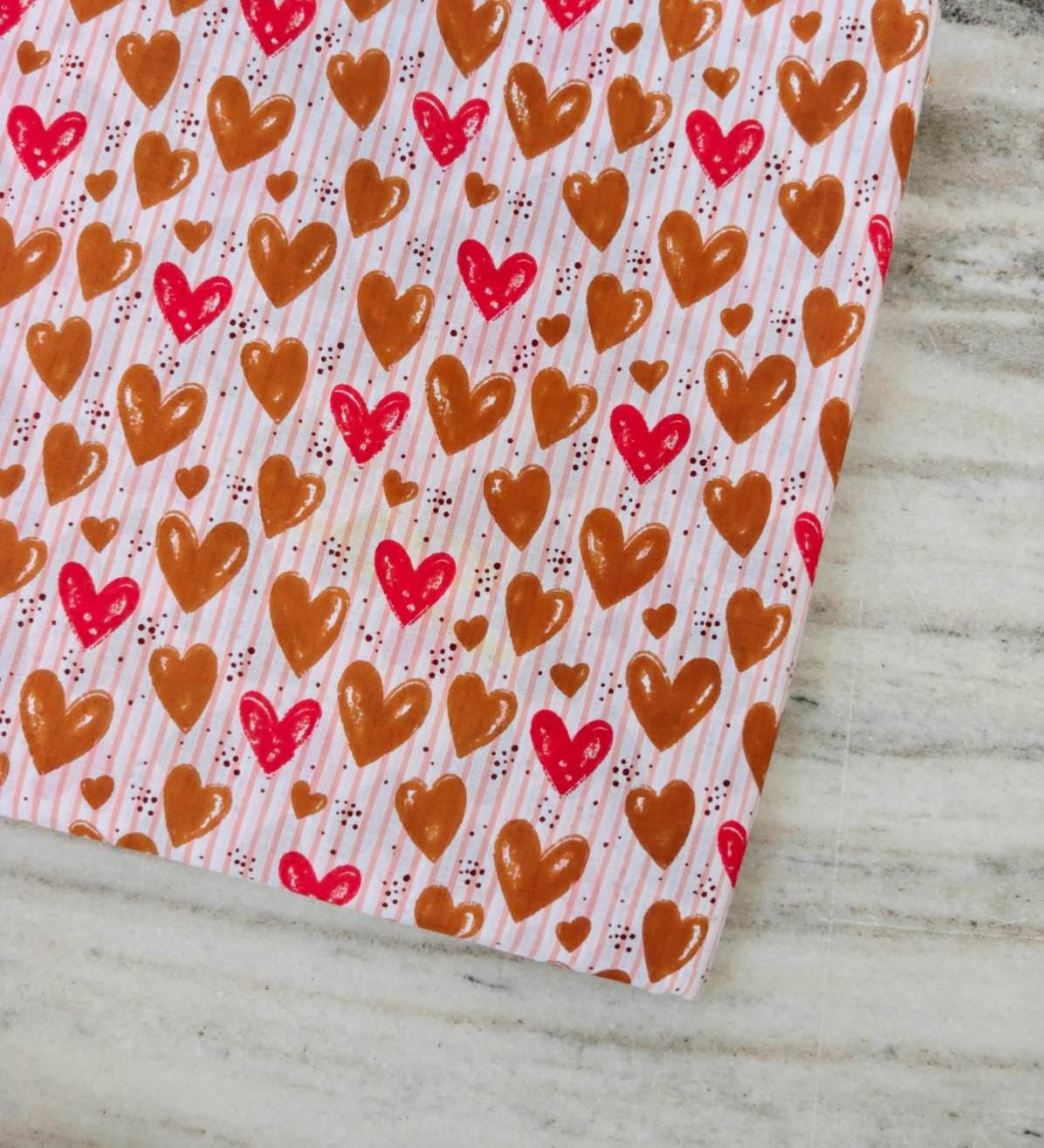 Pink Brown Heart Stripe Cotton Fabric, Cute Heart Print on Blush Pink Stripes,  Romantic Valentine Fabric, Dressmaking Fabric