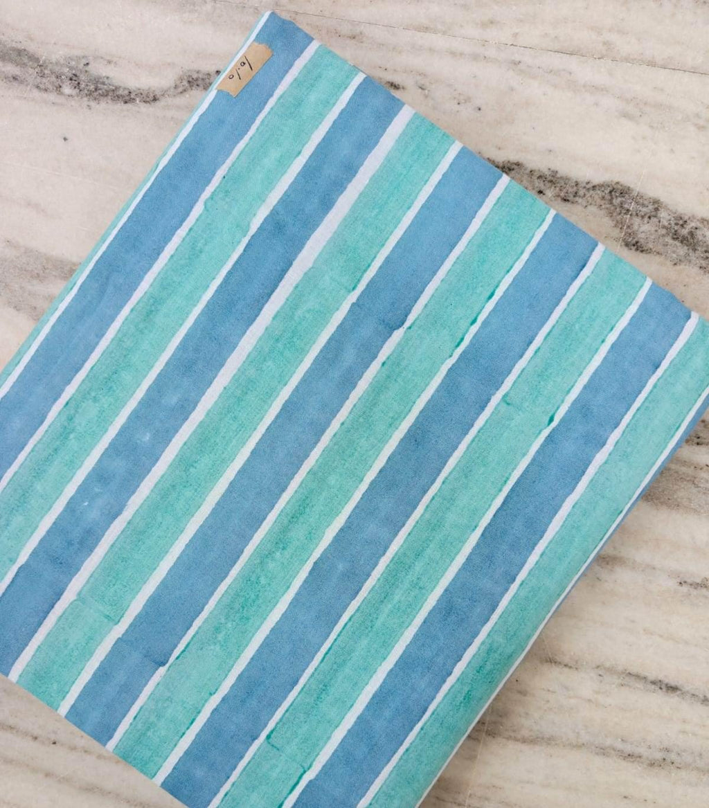 Blue & Aqua Stripe Cotton Fabric | Hand Block Print Fabric | Indian Cotton Textile | Striped Fabric by the Yard | Sewing  Quilting Fabric