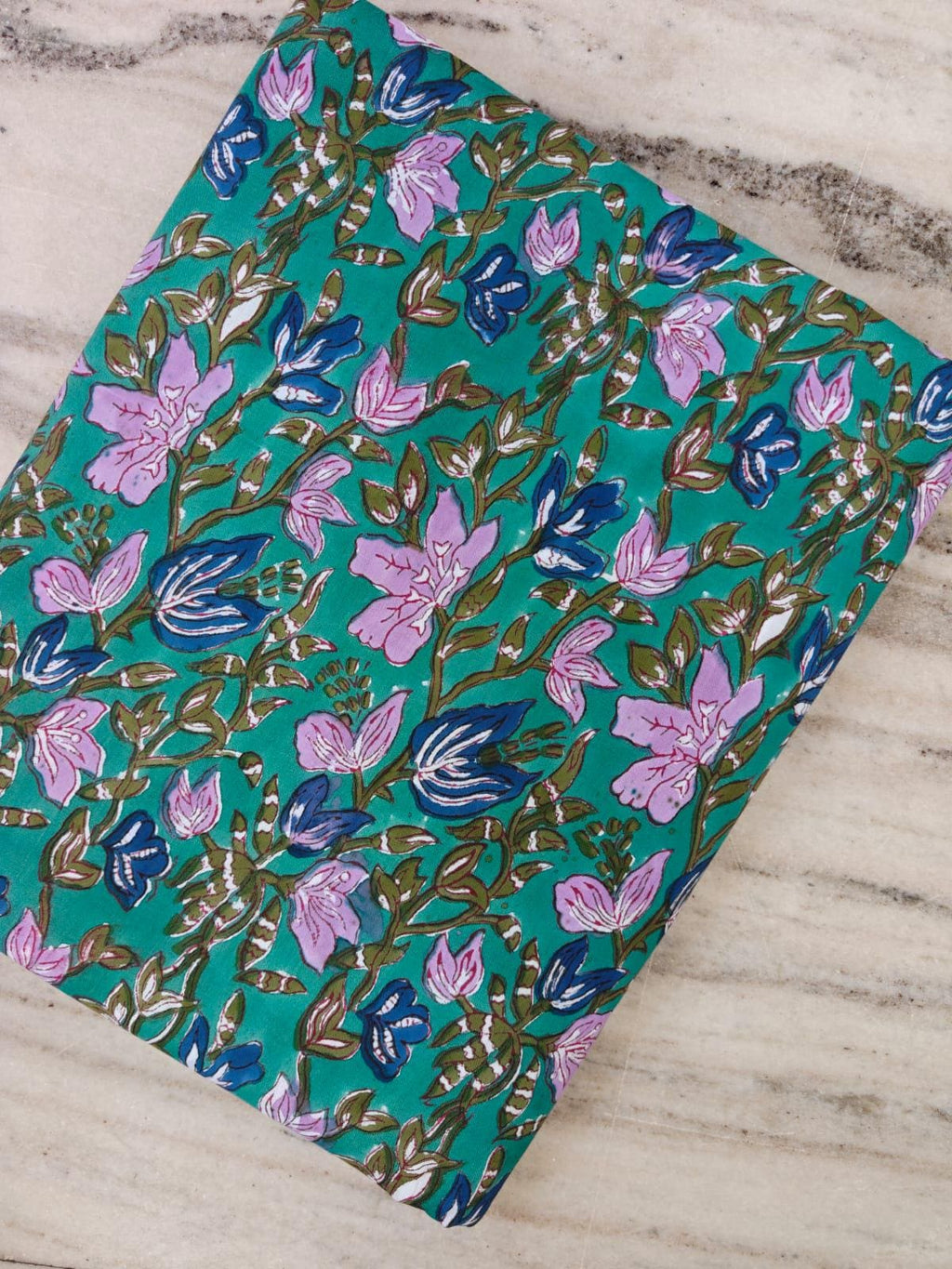 Teal Pink & Blue Floral Cotton Fabric, Block Print Fabric, Indian Hand Printed Textile, Boho Sewing Fabric by Yard, Fabric For Dress Making