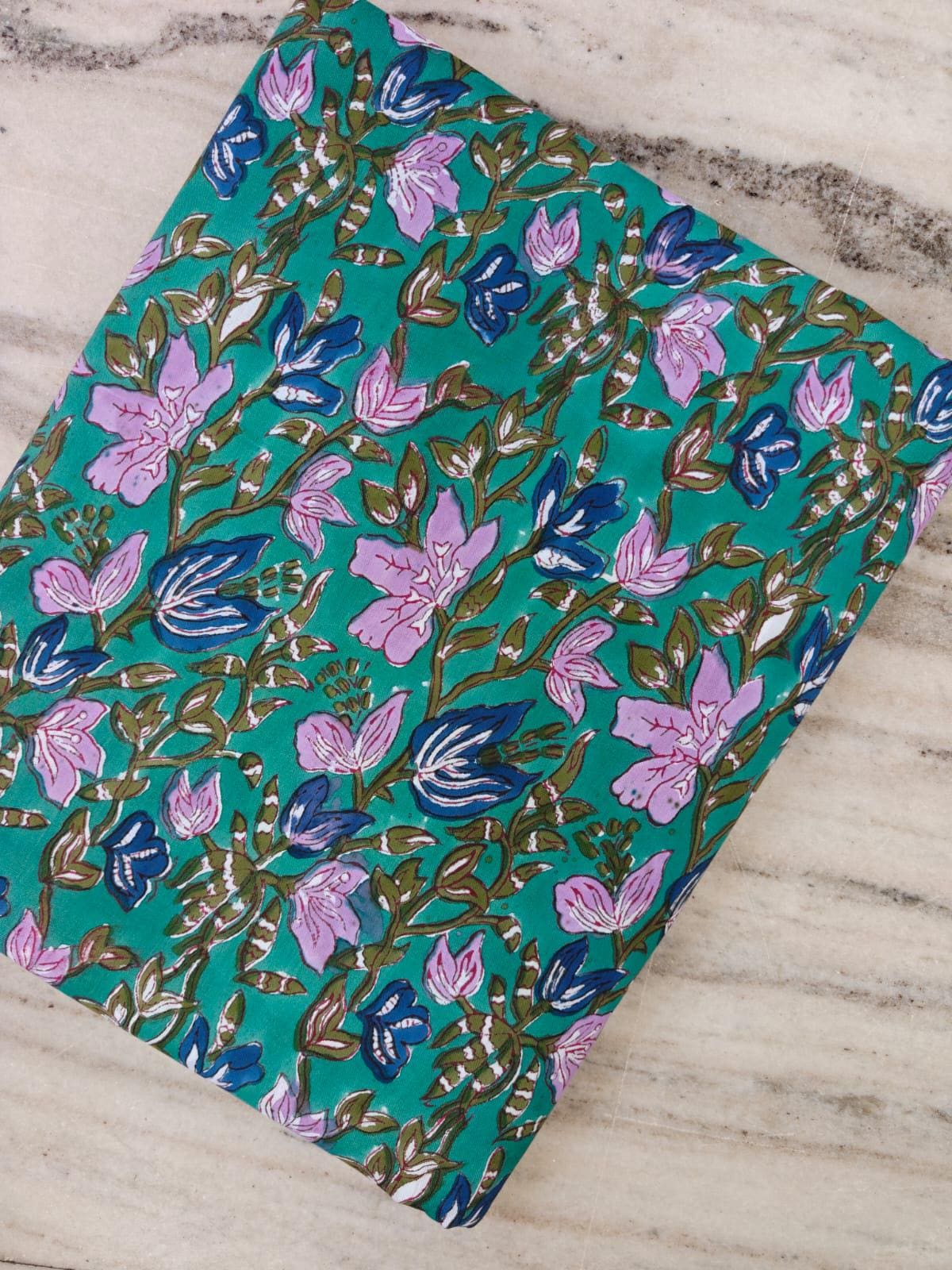 Teal Pink & Blue Floral Cotton Fabric, Block Print Fabric, Indian Hand Printed Textile, Boho Sewing Fabric by Yard, Fabric For Dress Making