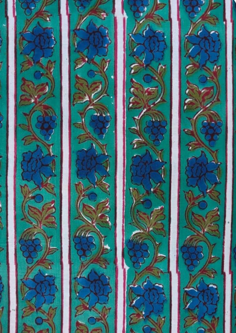 Teal Blue Floral Cotton Fabric, Striped Floral Print Fabric, Indian Block Print Cotton, Blue Flower Fabric, Sewing Dress Making Fabric