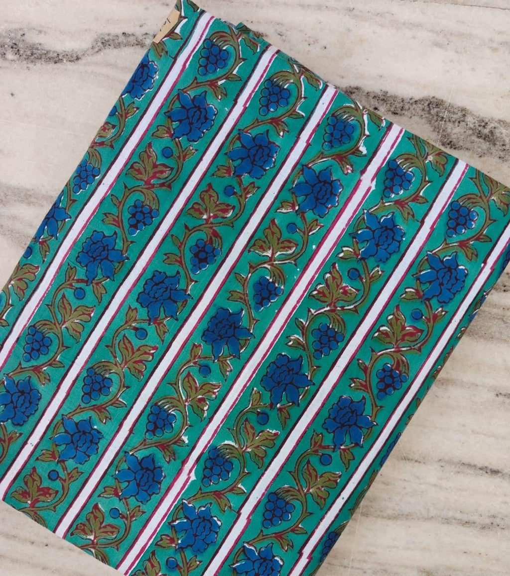 Teal Blue Floral Cotton Fabric, Striped Floral Print Fabric, Indian Block Print Cotton, Blue Flower Fabric, Sewing Dress Making Fabric