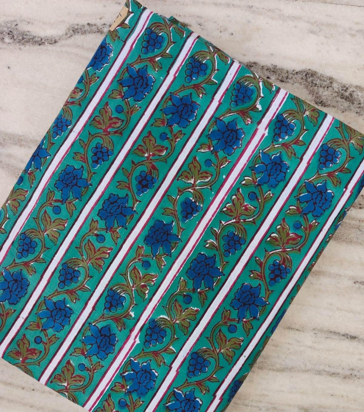 Teal Blue Floral Cotton Fabric, Striped Floral Print Fabric, Indian Block Print Cotton, Blue Flower Fabric, Sewing Dress Making Fabric