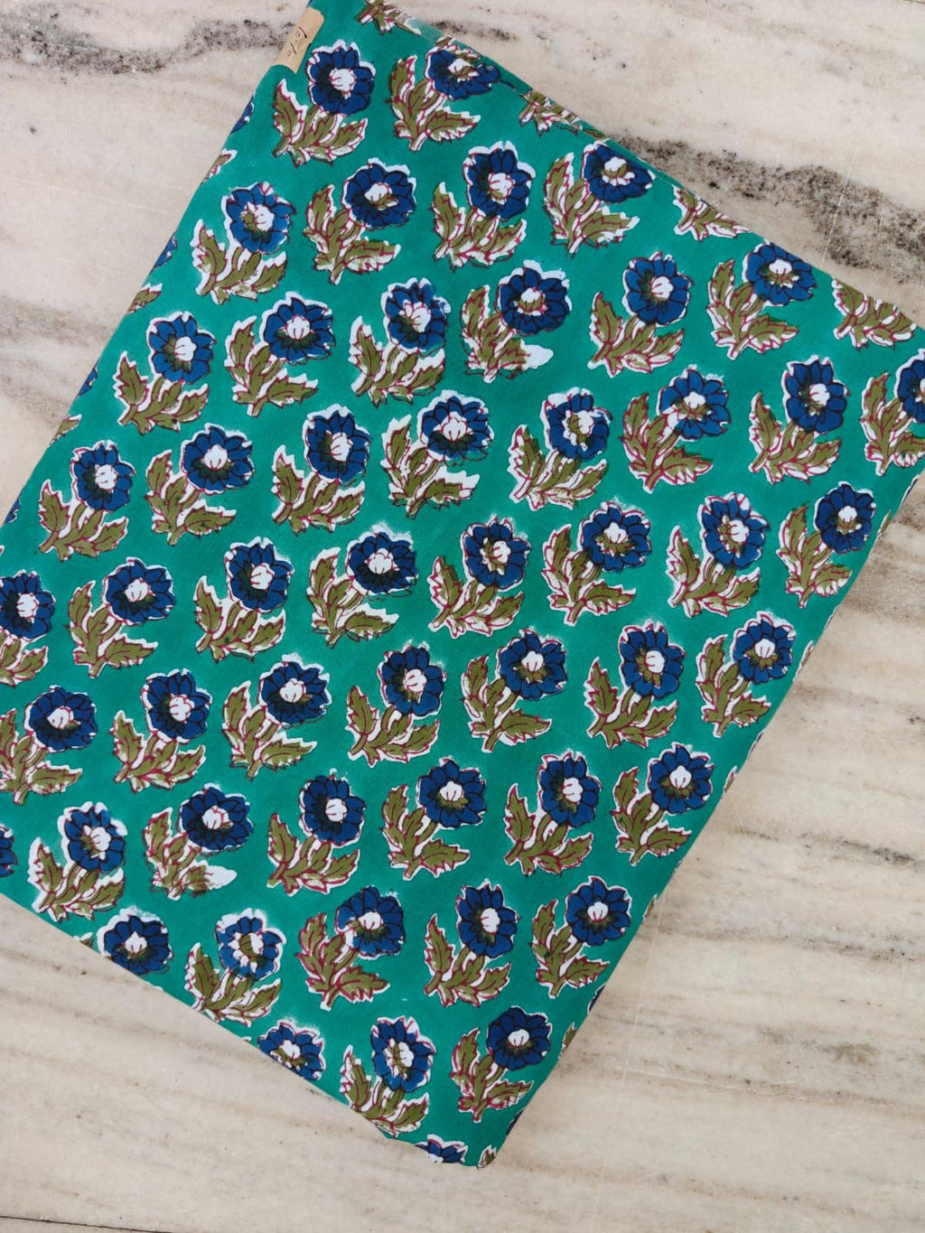 Teal Floral Cotton Fabric, Blue Flower & Green Leaf Print, 100% Indian Block Print Fabric By The Yard, Sewing Fabric, Losse Running Fabric