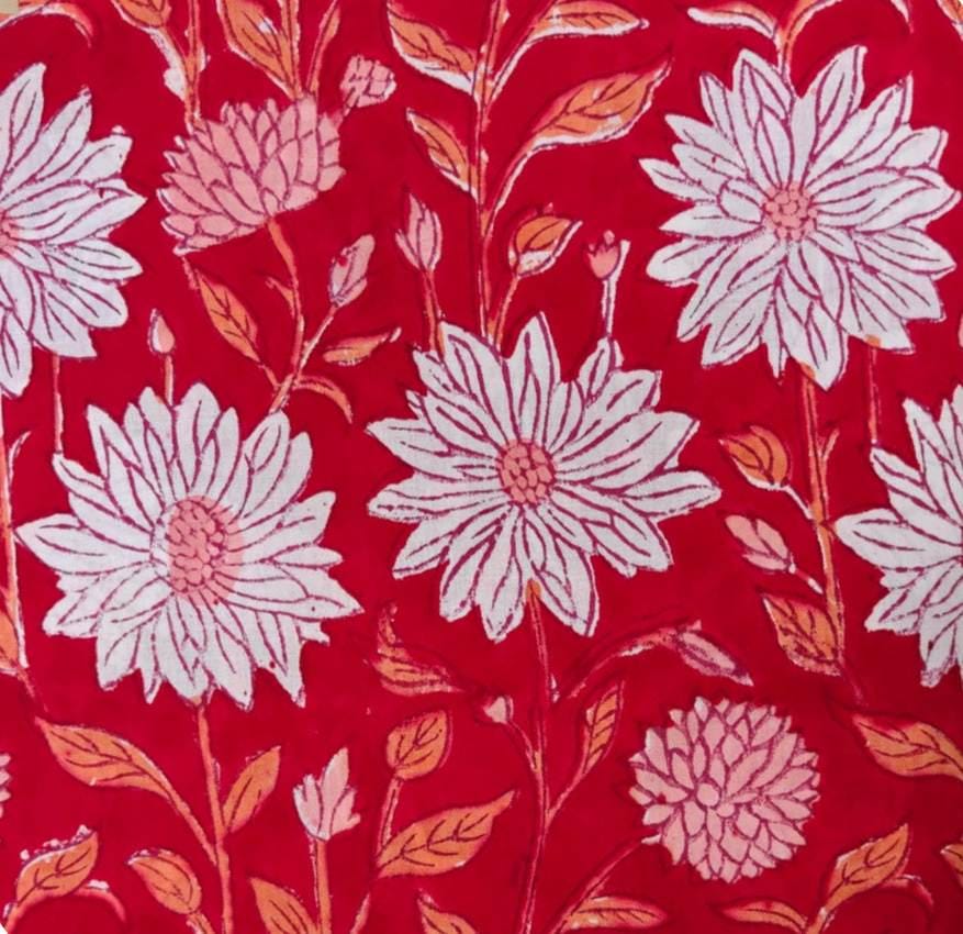 Red Floral Cotton Fabric | White & Pink Flower Print | Orange Leaf Design | Indian Cotton Fabric | Sewing Quilting Fabric | Loose Fabric