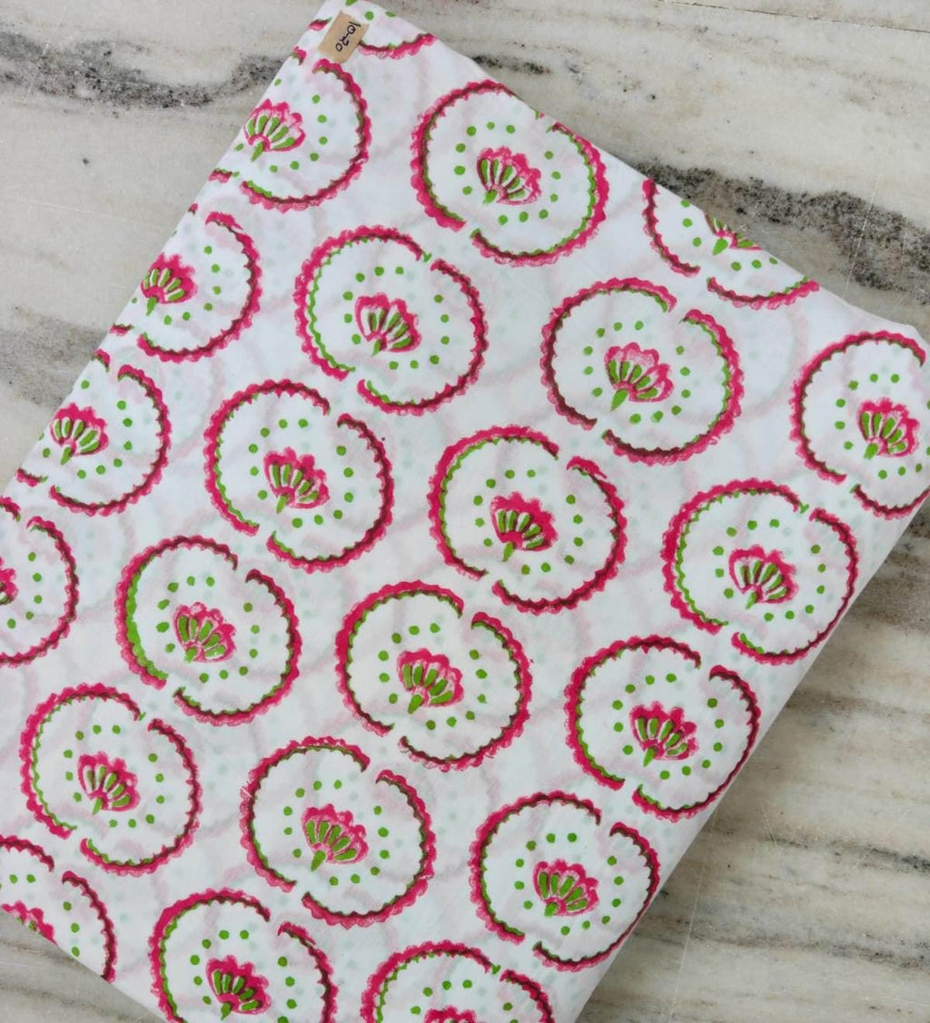 White Cotton Fabric with Pink & Green Floral Circles | Floral Print Fabric | Indian Cotton Fabric | Sewing, Quilting Craft Loose Fabric