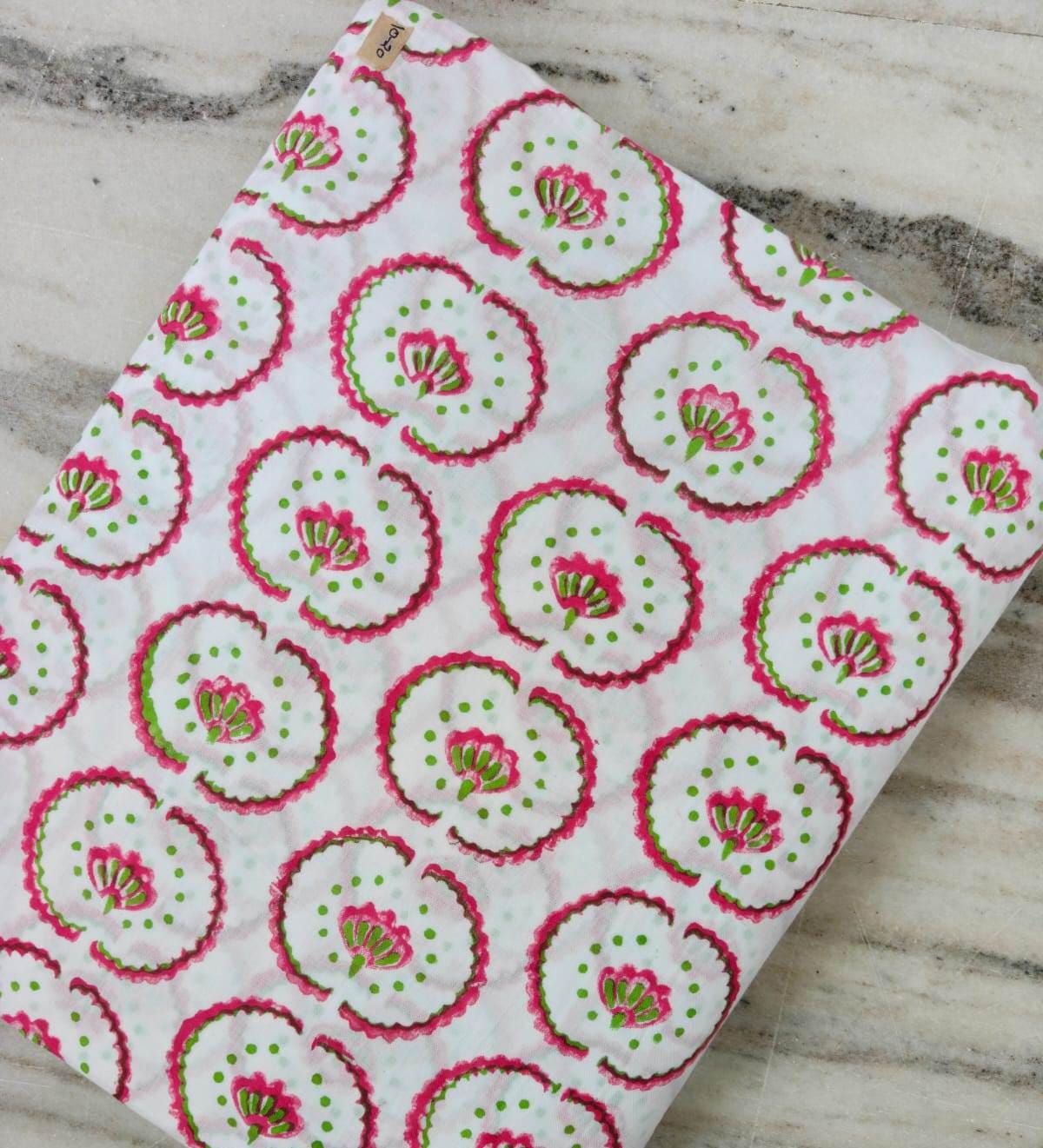 White Cotton Fabric with Pink & Green Floral Circles | Floral Print Fabric | Indian Cotton Fabric | Sewing, Quilting Craft Loose Fabric
