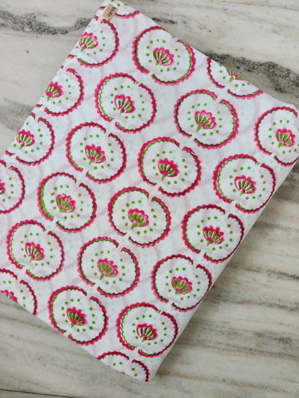White Cotton Fabric with Pink & Green Floral Circles | Floral Print Fabric | Indian Cotton Fabric | Sewing, Quilting Craft Loose Fabric