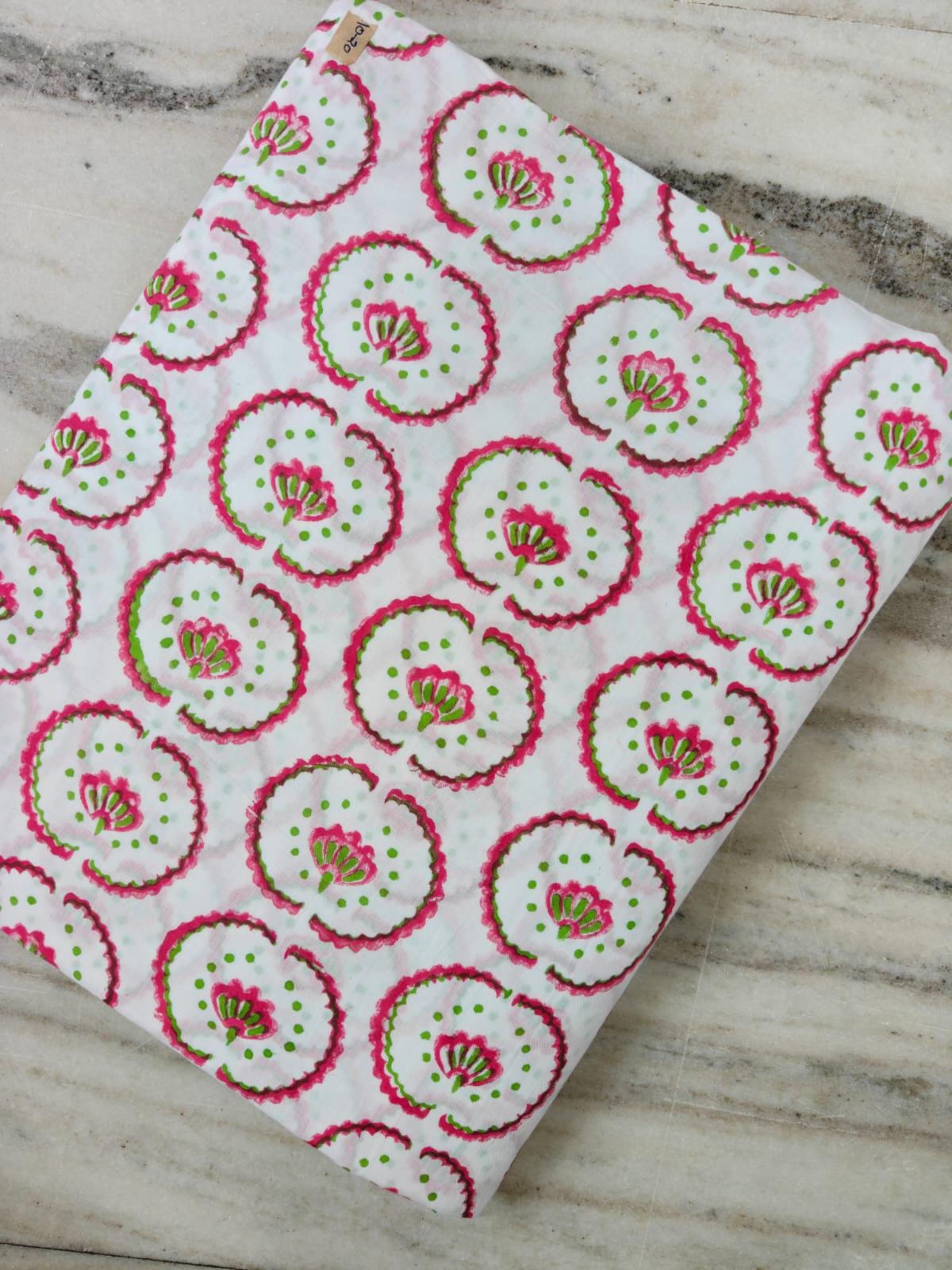 White Cotton Fabric with Pink & Green Floral Circles | Floral Print Fabric | Indian Cotton Fabric | Sewing, Quilting Craft Loose Fabric