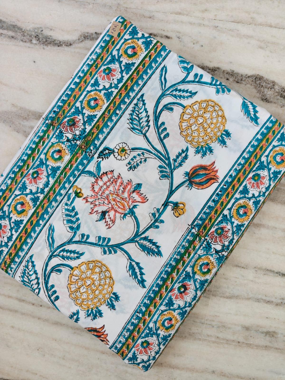 Floral Block Print Cotton Fabric by the Yard, Blue & Mustard Indian Floral Fabric, Hand Block Print Style, Sewing Quilting Fabric