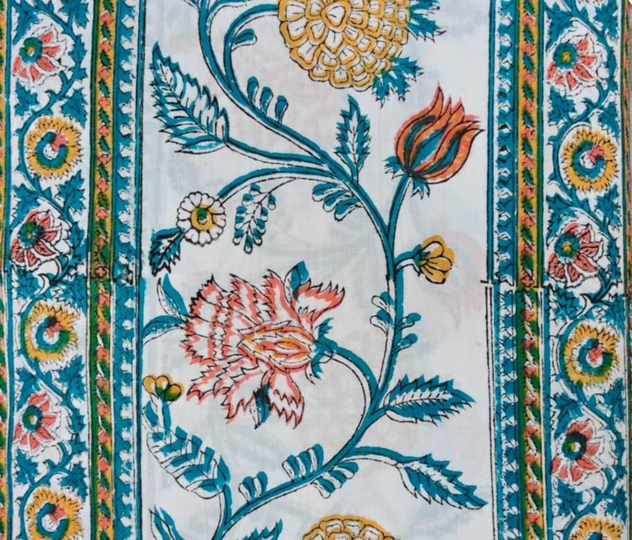 Floral Block Print Cotton Fabric by the Yard, Blue & Mustard Indian Floral Fabric, Hand Block Print Style, Sewing Quilting Fabric
