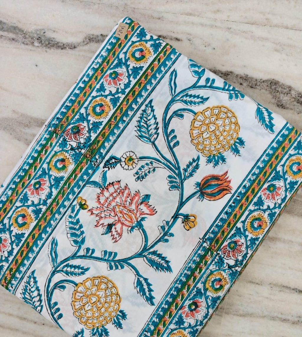 Floral Block Print Cotton Fabric by the Yard, Blue & Mustard Indian Floral Fabric, Hand Block Print Style, Sewing Quilting Fabric
