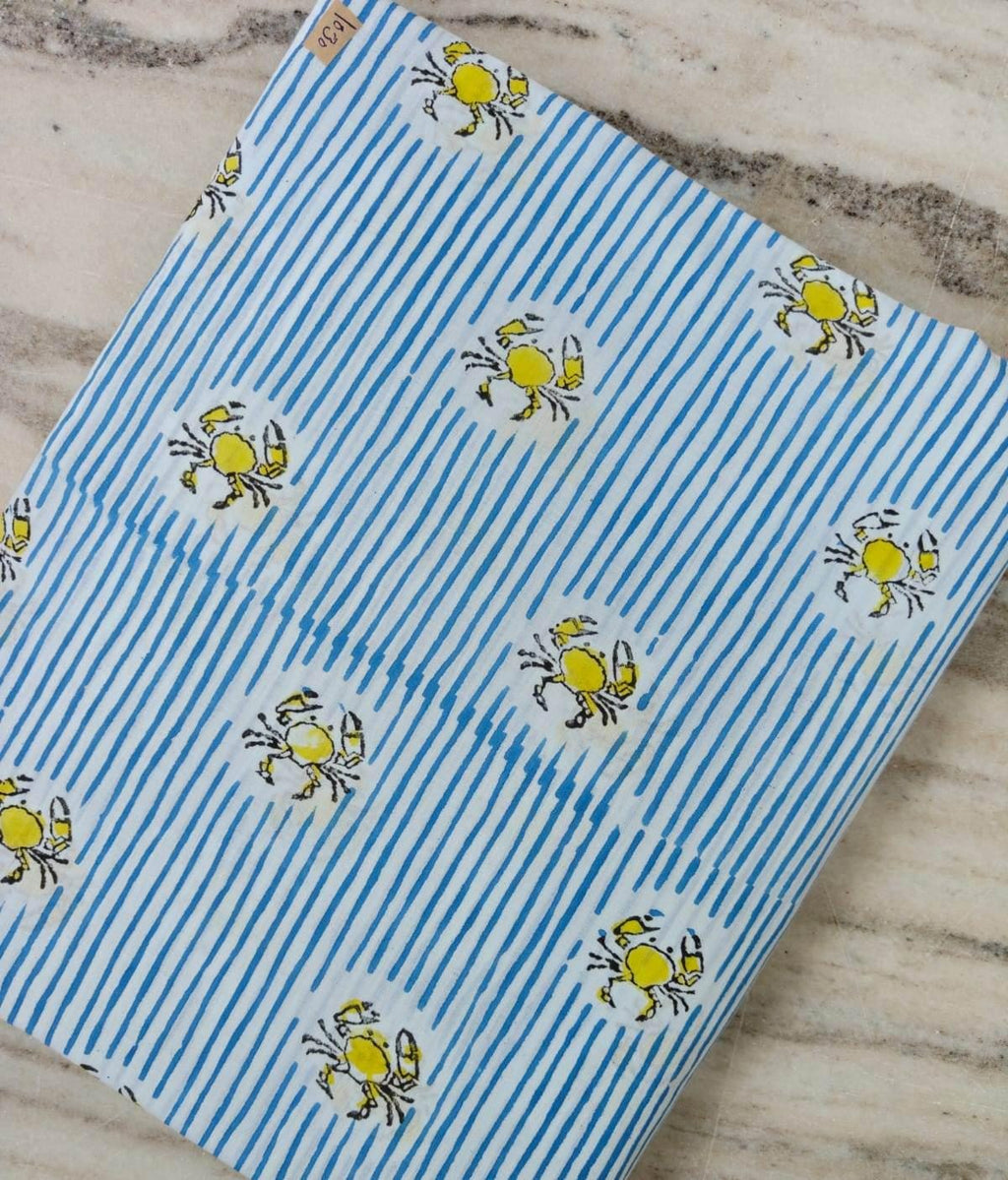 Blue Stripe Cotton Fabric with Yellow Crab Print, Coastal Cotton Fabric by the Yard, Nautical Fabric, Beach House Sewing Fabric, Napkins