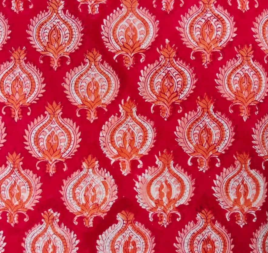 Red Paisley Cotton Fabric, Orange and White Paisley Print Fabric, Indian Block Print Style Fabric, Cotton Sewing Fabric, Fabric by the Yard