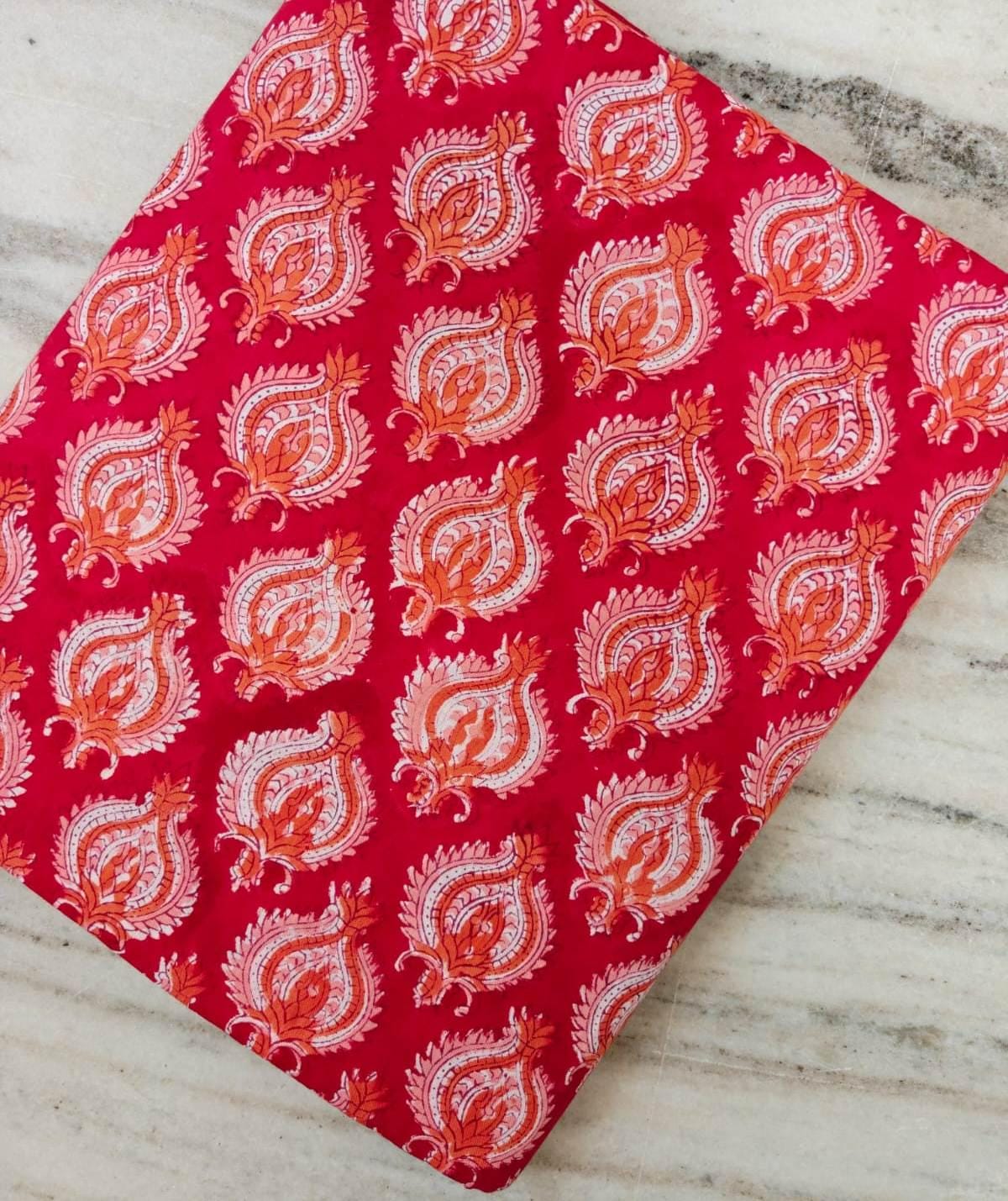 Red Paisley Cotton Fabric, Orange and White Paisley Print Fabric, Indian Block Print Style Fabric, Cotton Sewing Fabric, Fabric by the Yard