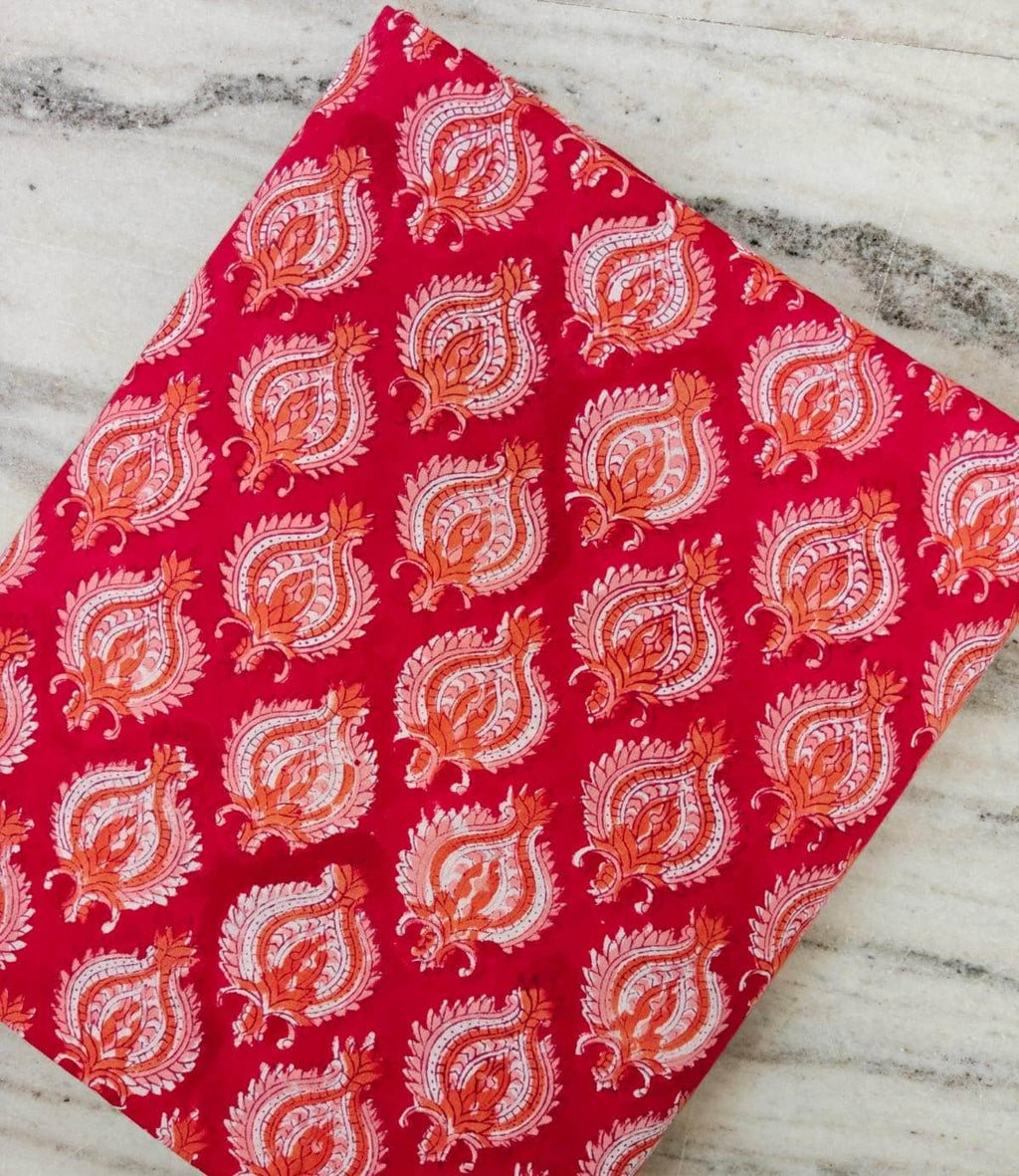 Red Paisley Cotton Fabric, Orange and White Paisley Print Fabric, Indian Block Print Style Fabric, Cotton Sewing Fabric, Fabric by the Yard