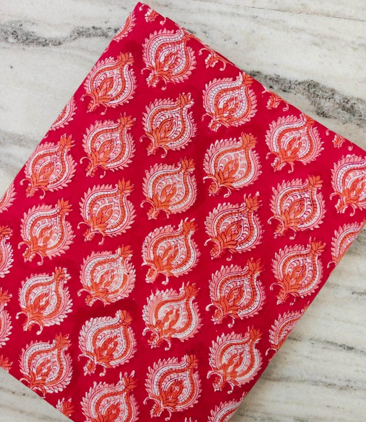 Red Paisley Cotton Fabric, Orange and White Paisley Print Fabric, Indian Block Print Style Fabric, Cotton Sewing Fabric, Fabric by the Yard