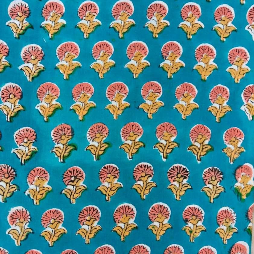 Teal Blue Cotton Fabric with Hand Block Printed Pink Flower Motif | Indian Floral Cotton Fabric | Quilting, Sewing & Craft Fabric