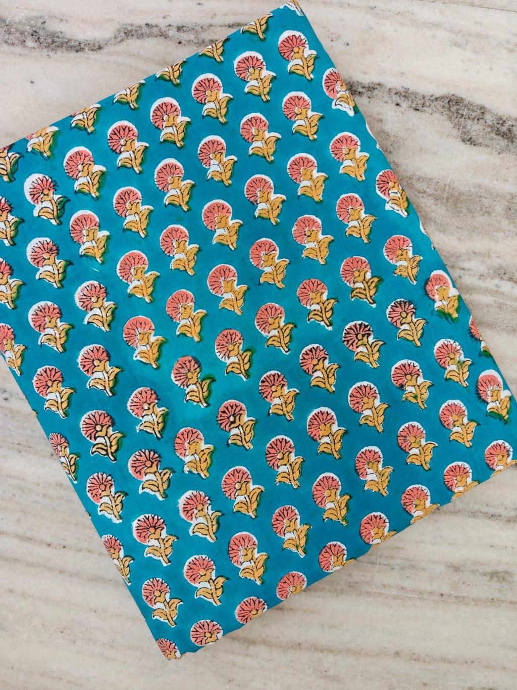 Teal Blue Cotton Fabric with Hand Block Printed Pink Flower Motif | Indian Floral Cotton Fabric | Quilting, Sewing & Craft Fabric