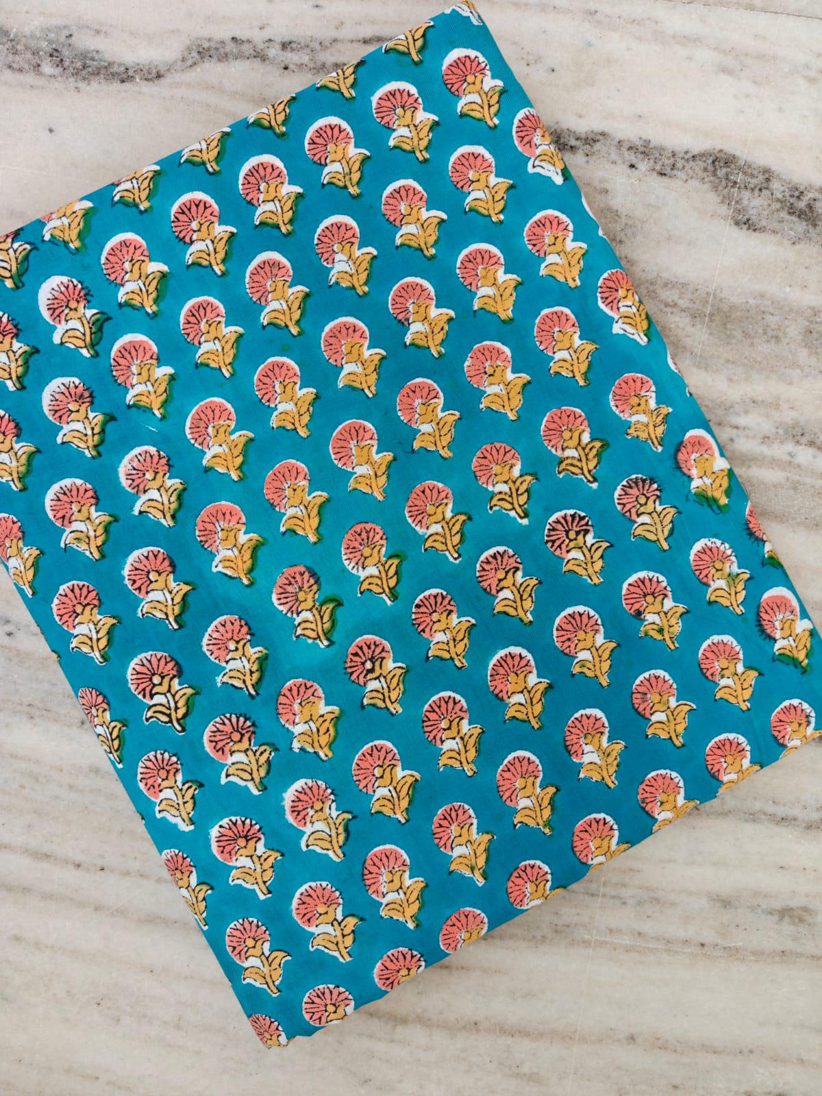 Teal Blue Cotton Fabric with Hand Block Printed Pink Flower Motif | Indian Floral Cotton Fabric | Quilting, Sewing & Craft Fabric