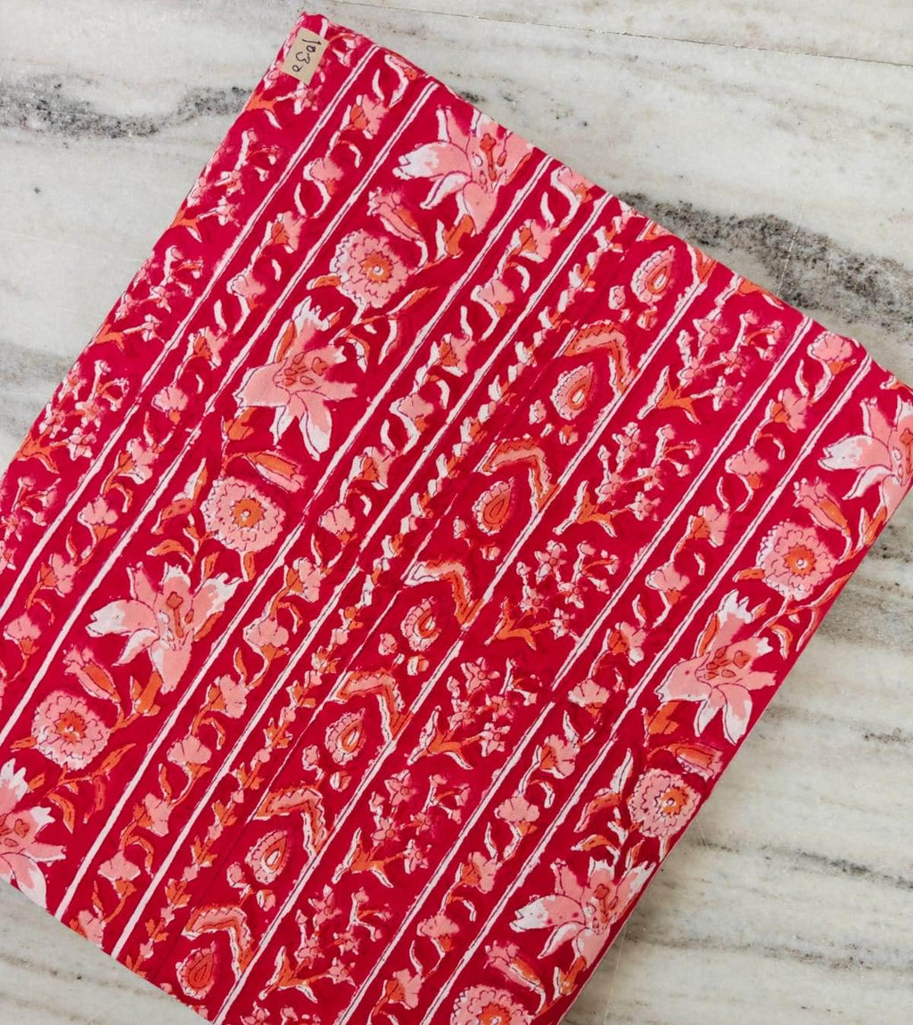 Red Floral Cotton Fabric, Indian Block Print Cotton Fabric, Pink Floral & Paisley Print, Sewing, Quilting Craft Fabric  Loose Running Fabric