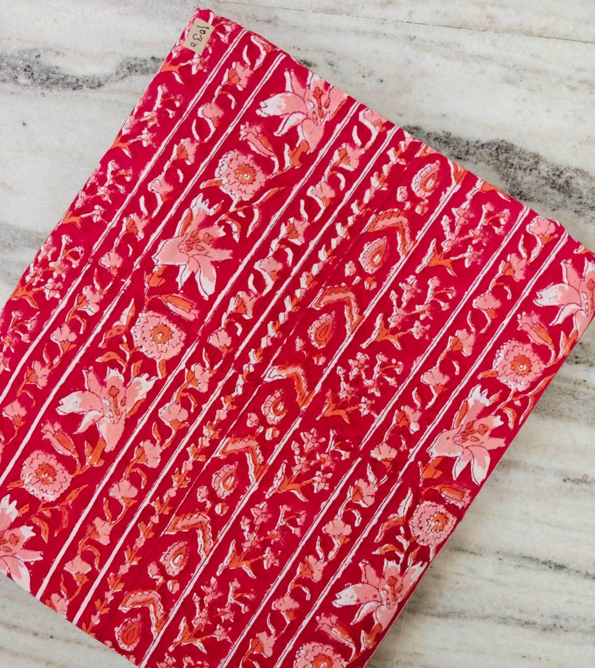Red Floral Cotton Fabric, Indian Block Print Cotton Fabric, Pink Floral & Paisley Print, Sewing, Quilting Craft Fabric  Loose Running Fabric