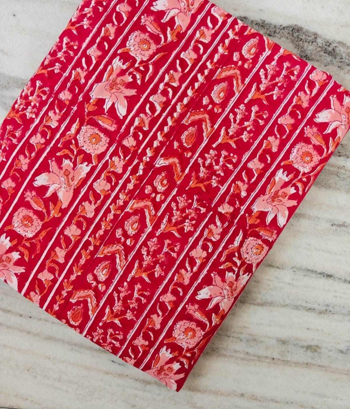 Red Floral Cotton Fabric, Indian Block Print Cotton Fabric, Pink Floral & Paisley Print, Sewing, Quilting Craft Fabric  Loose Running Fabric