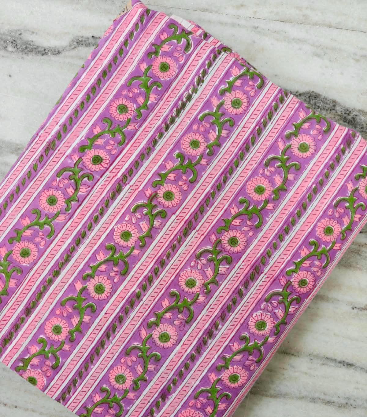 Purple Floral Block Print Cotton Fabric | Pink Green Botanical Print | Indian Cotton Fabric by the Yard | Hand Block Print Textile |