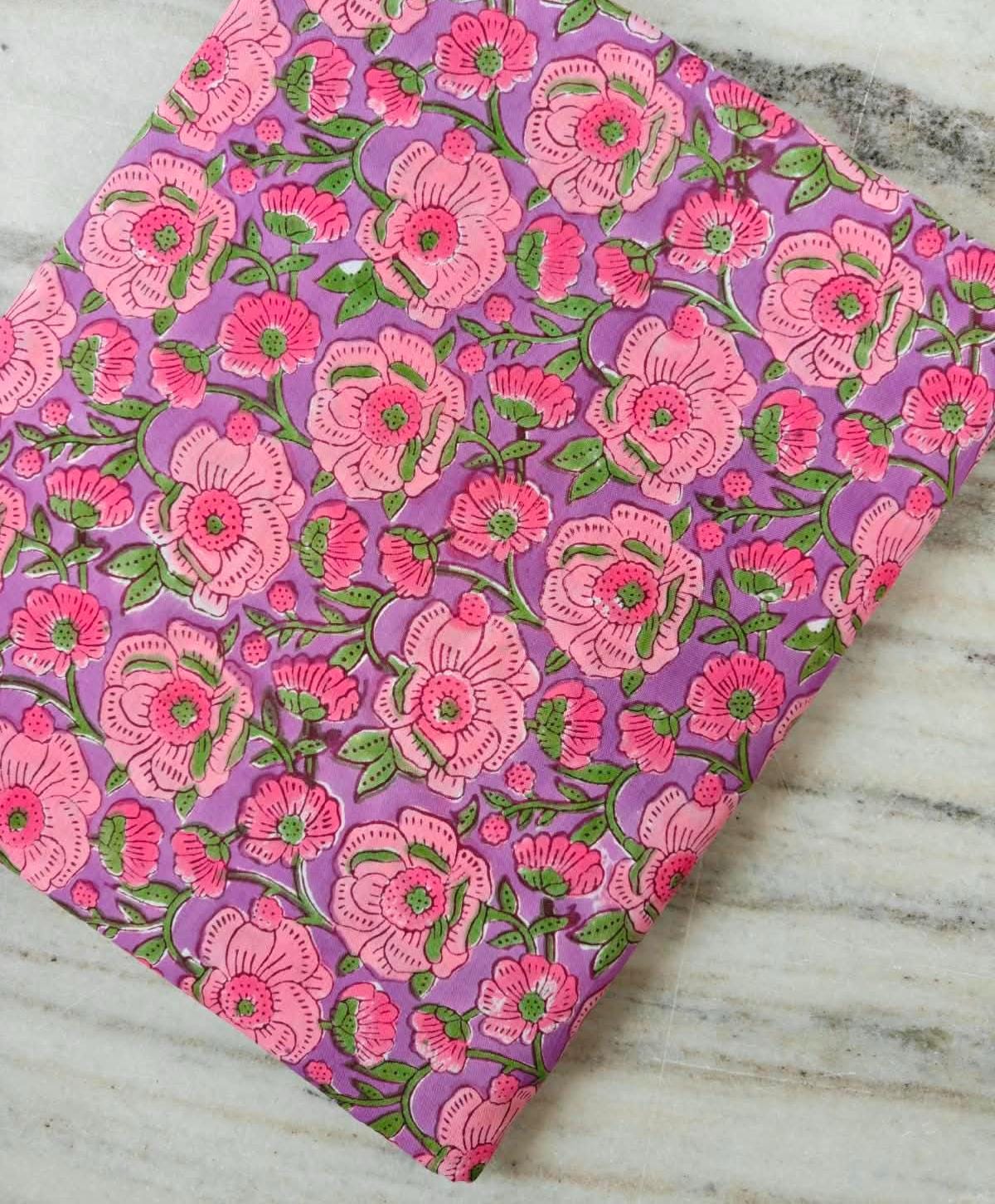 Purple Floral Cotton Fabric | Pink Flower & Green Leaf Print | Indian Cotton Fabric | Floral Sewing Fabric | Dressmaking  Quilting Fabric
