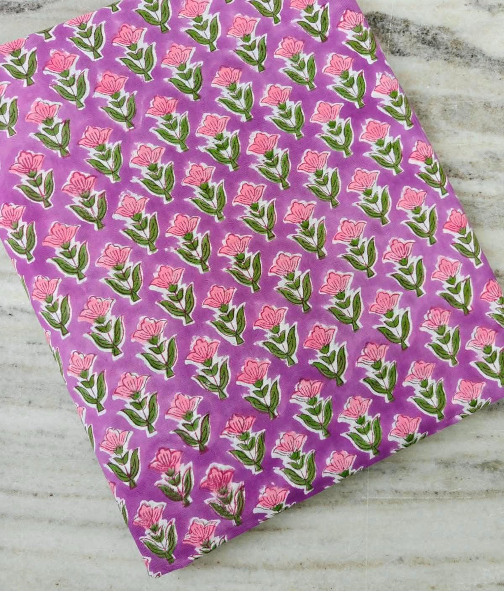 Floral 100% Cotton Indian Hand Block Print Purple Floral Cotton Fabric, Green Home Decor Fabric, Quilting & Sewing Loose Running Fabric