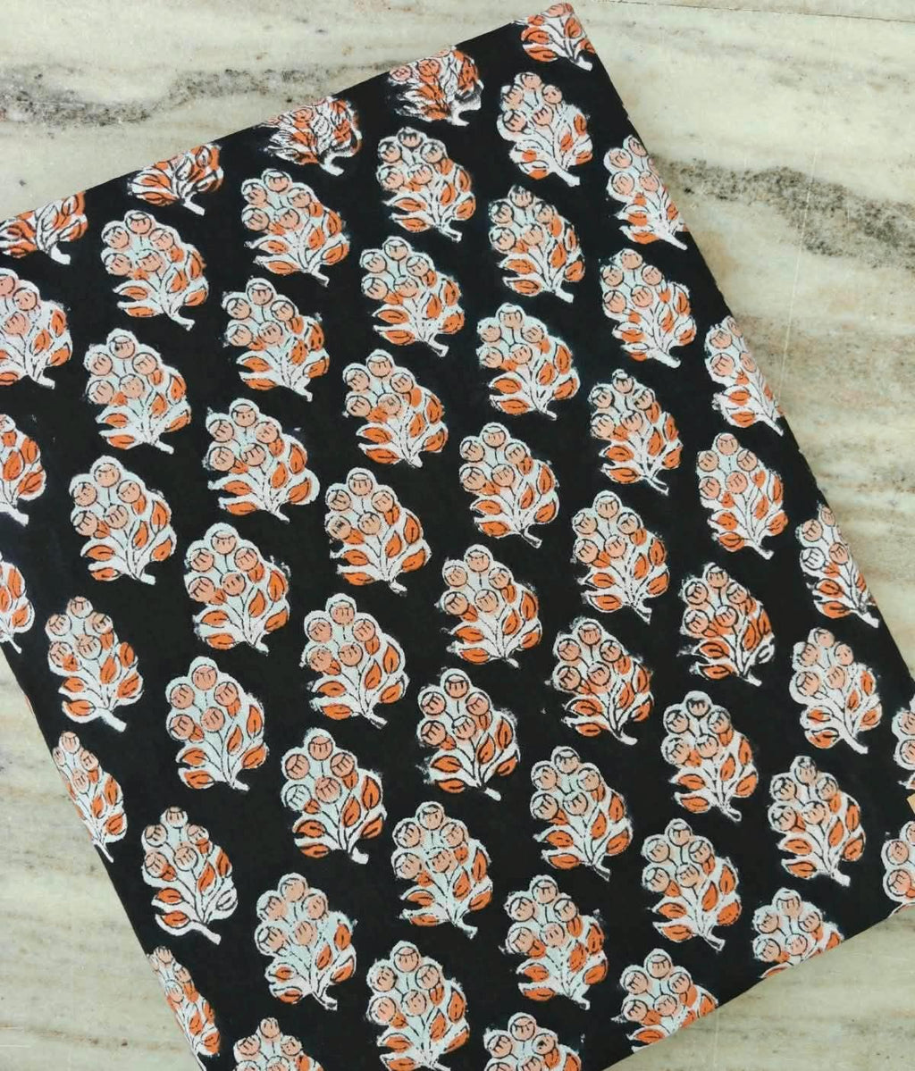 Black Cotton Fabric with Orange Floral Print, Block Print Cotton Fabric, Indian Floral Textile, Quilting & Sewing Fabric, Dressmaking Fabric