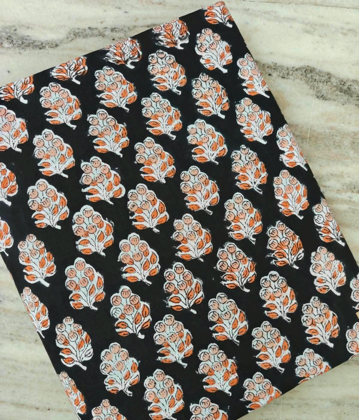 Black Cotton Fabric with Orange Floral Print, Block Print Cotton Fabric, Indian Floral Textile, Quilting & Sewing Fabric, Dressmaking Fabric