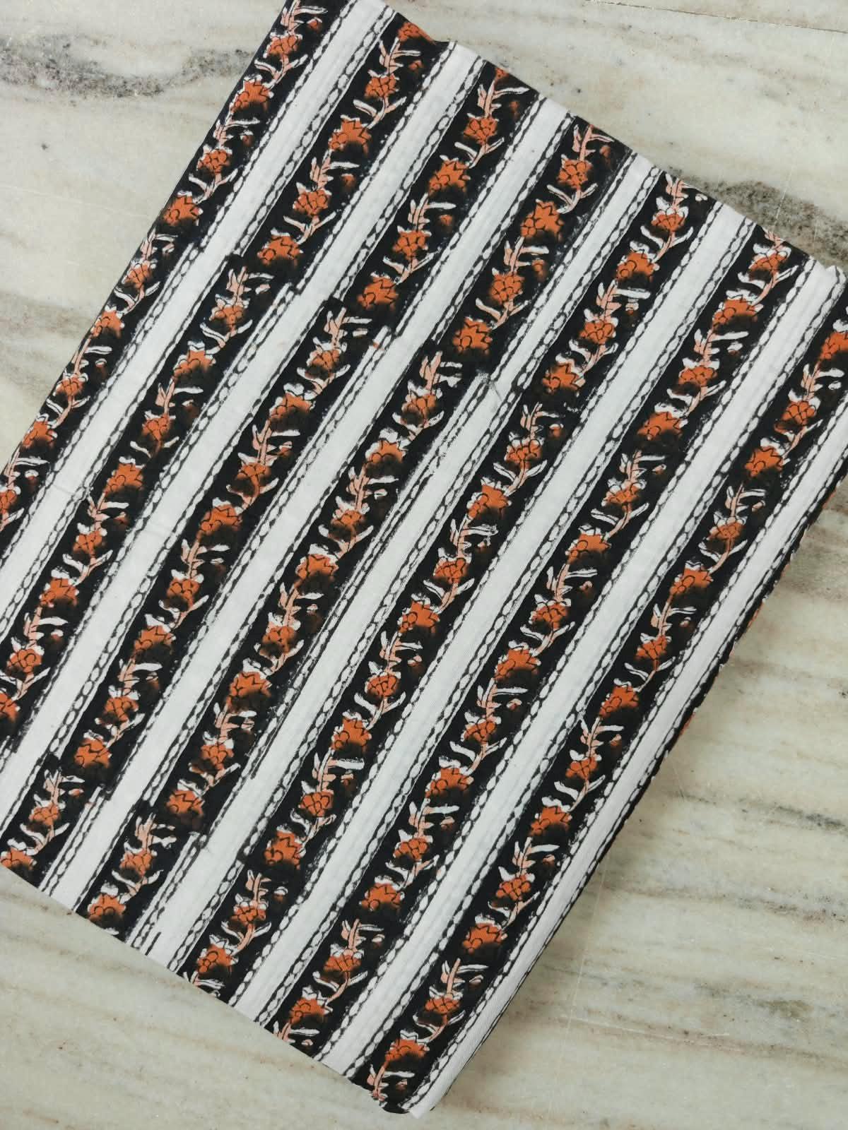 Black & White Floral Stripe Cotton Fabric | Orange Flower Print | Block Print Fabric | Indian Cotton Textile | Sewing Quilting Fabric