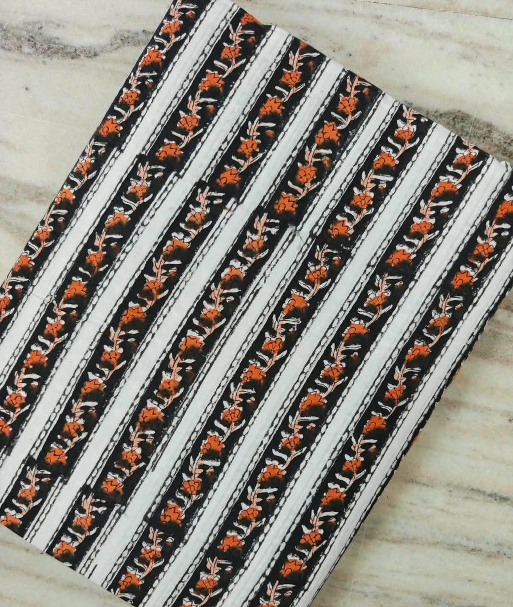 Black & White Floral Stripe Cotton Fabric | Orange Flower Print | Block Print Fabric | Indian Cotton Textile | Sewing Quilting Fabric