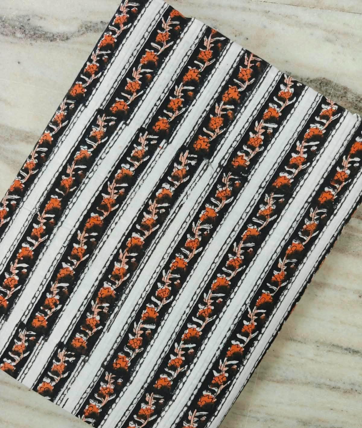 Black & White Floral Stripe Cotton Fabric | Orange Flower Print | Block Print Fabric | Indian Cotton Textile | Sewing Quilting Fabric