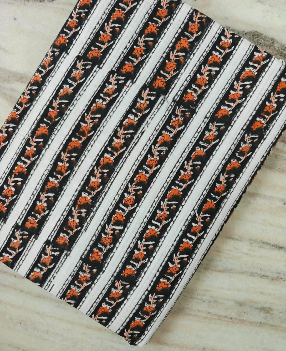 Black & White Floral Stripe Cotton Fabric | Orange Flower Print | Block Print Fabric | Indian Cotton Textile | Sewing Quilting Fabric