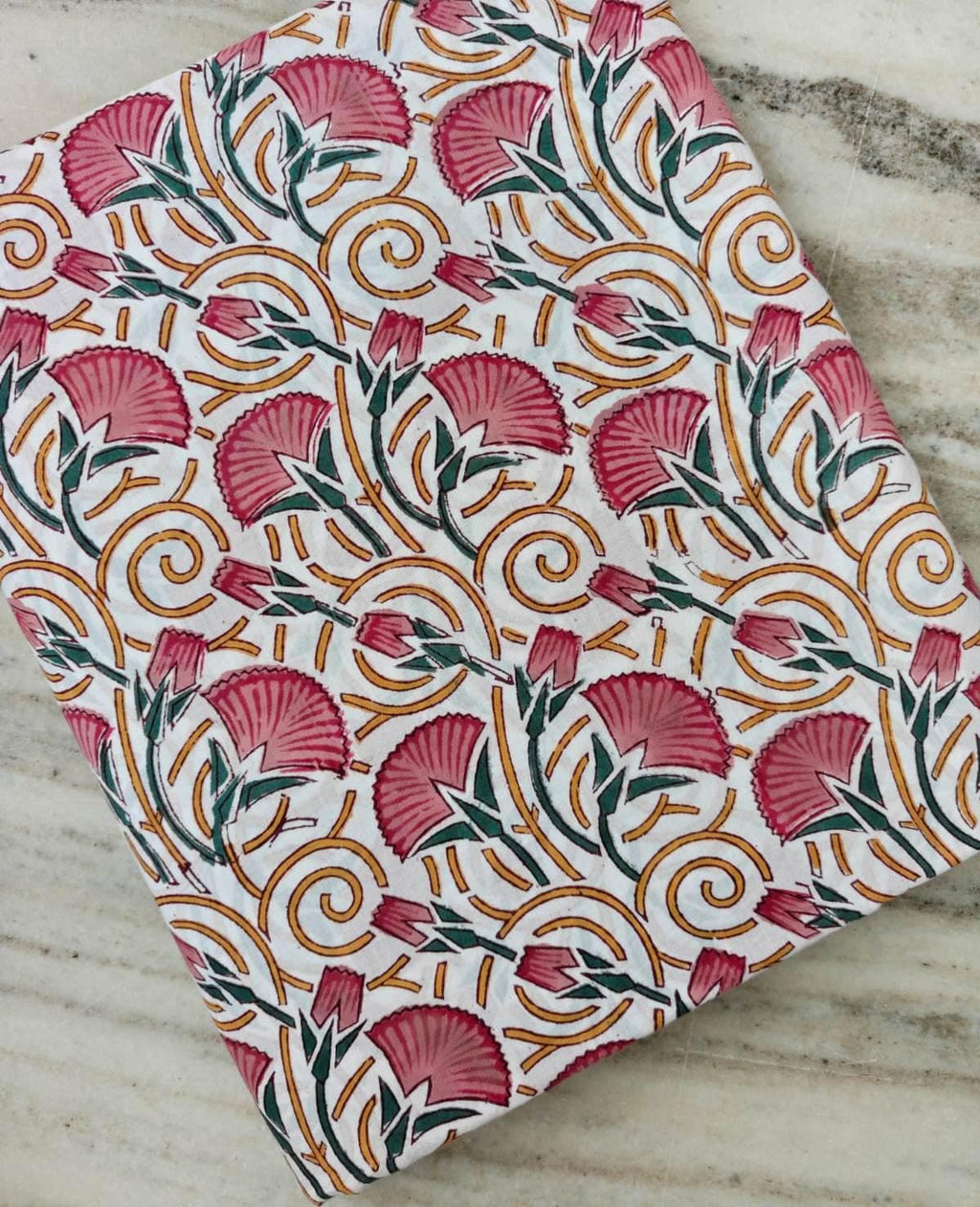 White Pink Floral Cotton Fabric | Rose Flower Print | Mustard Green Botanical Print | Indian Textile | Sewing & Dressmaking Fabric