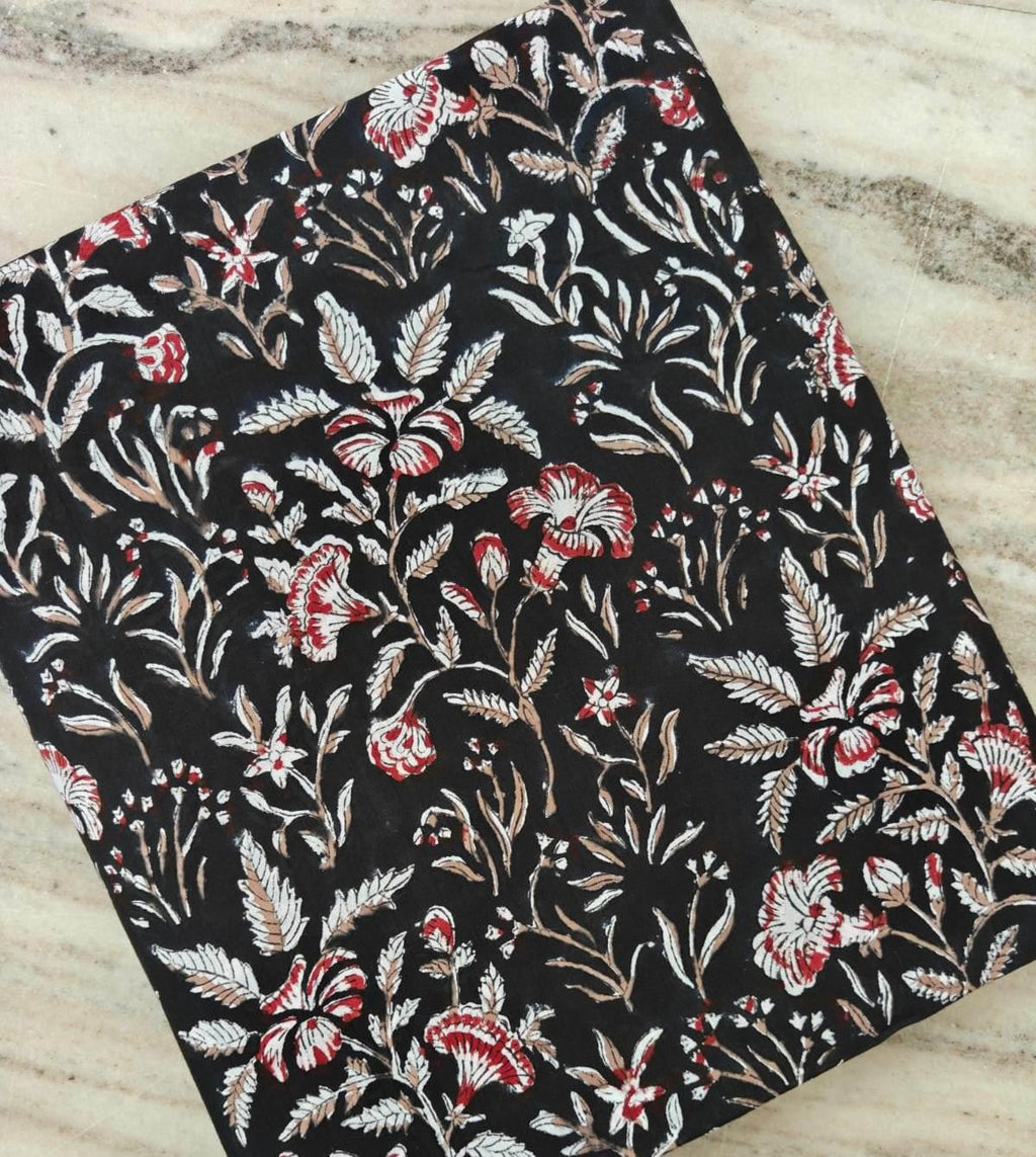 Black Floral Cotton Fabric | Red White Botanical Print | Vintage Floral Textile | Indian Cotton Fabric | Sewing Dressmaking Fabric