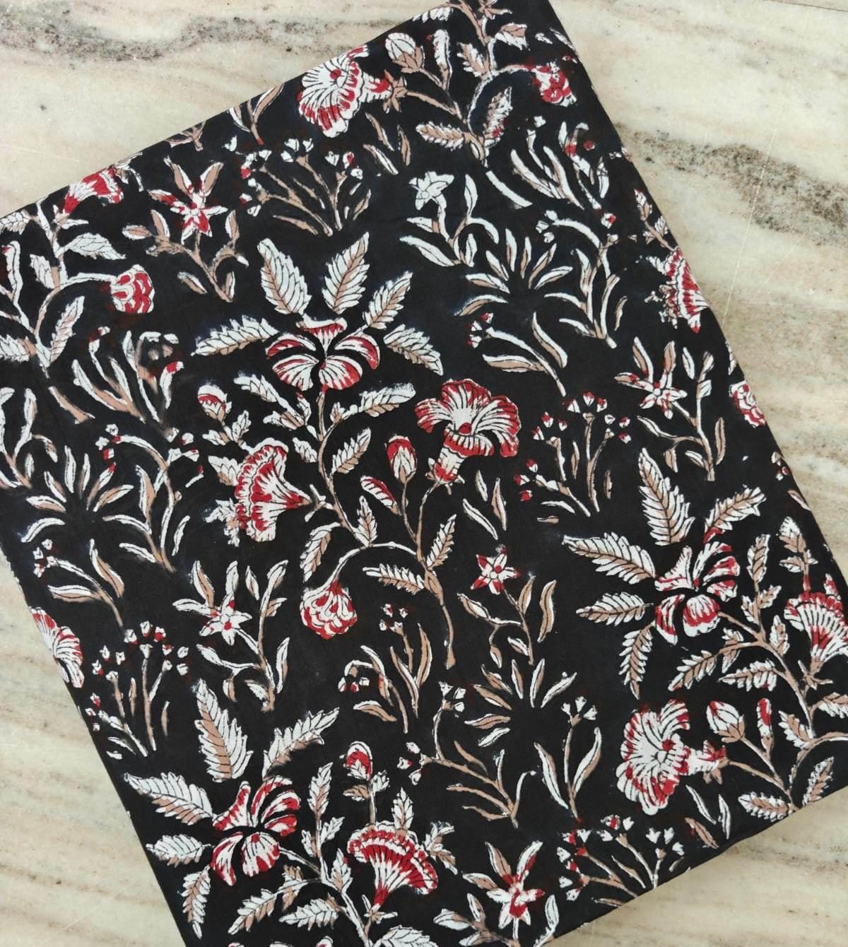 Black Floral Cotton Fabric | Red White Botanical Print | Vintage Floral Textile | Indian Cotton Fabric | Sewing Dressmaking Fabric