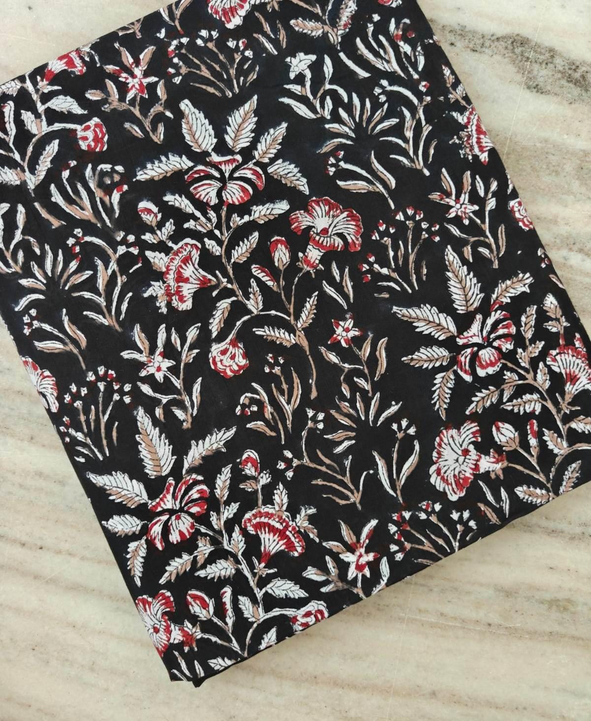Black Floral Cotton Fabric | Red White Botanical Print | Vintage Floral Textile | Indian Cotton Fabric | Sewing Dressmaking Fabric
