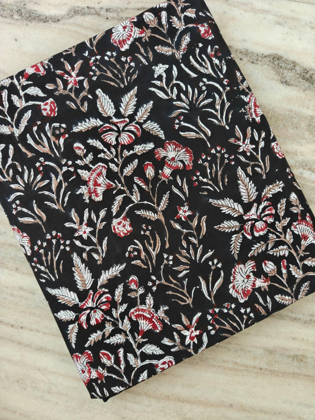 Black Floral Cotton Fabric | Red White Botanical Print | Vintage Floral Textile | Indian Cotton Fabric | Sewing Dressmaking Fabric