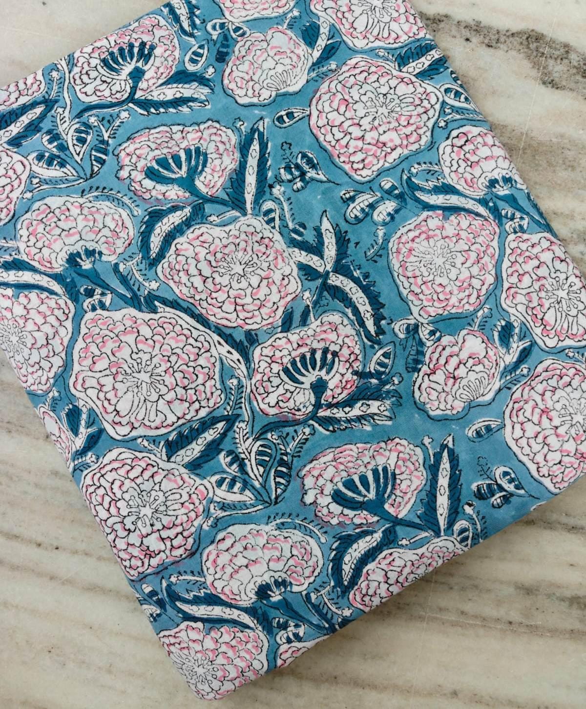 Blue Cotton Fabric with Pink Floral Block Print | Indian Hand Block Print Fabric | Floral Cotton Textile | Sewing Quilting Fabric